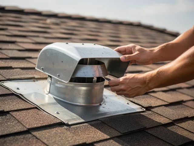 Tyngsborough Dryer Vent Cleaning certified technician safely cleaning a roof-mounted dryer vent in Tyngsborough