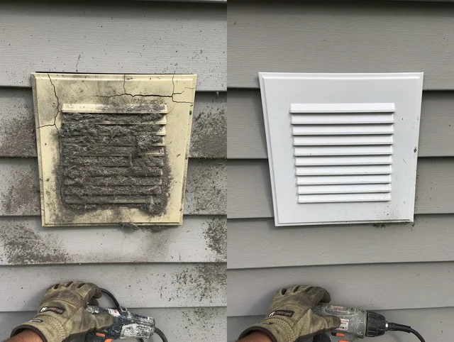 Tyngsborough Dryer Vent Cleaning technician installing high-quality dryer vent cover at a residential property in Tyngsborough