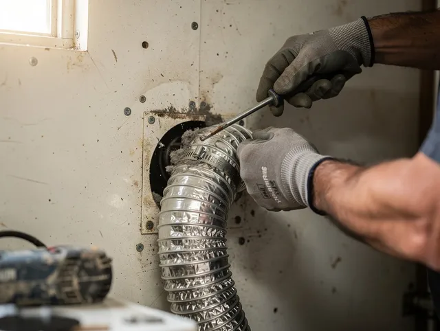 Tyngsborough Dryer Vent Cleaning technician performing precise dryer vent hose installation in Tyngsborough